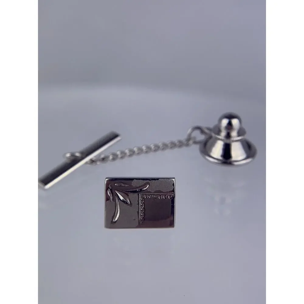 Square Simple Sterling Silver Tie Tack Pin Carved Brushed Metal Marked Vintage